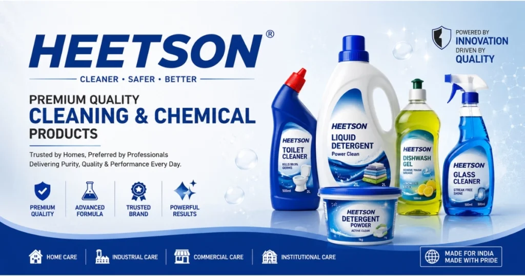 HEETSON premium cleaning and chemical products social share banner featuring detergent, toilet cleaner, dishwash gel, and glass cleaner packaging.