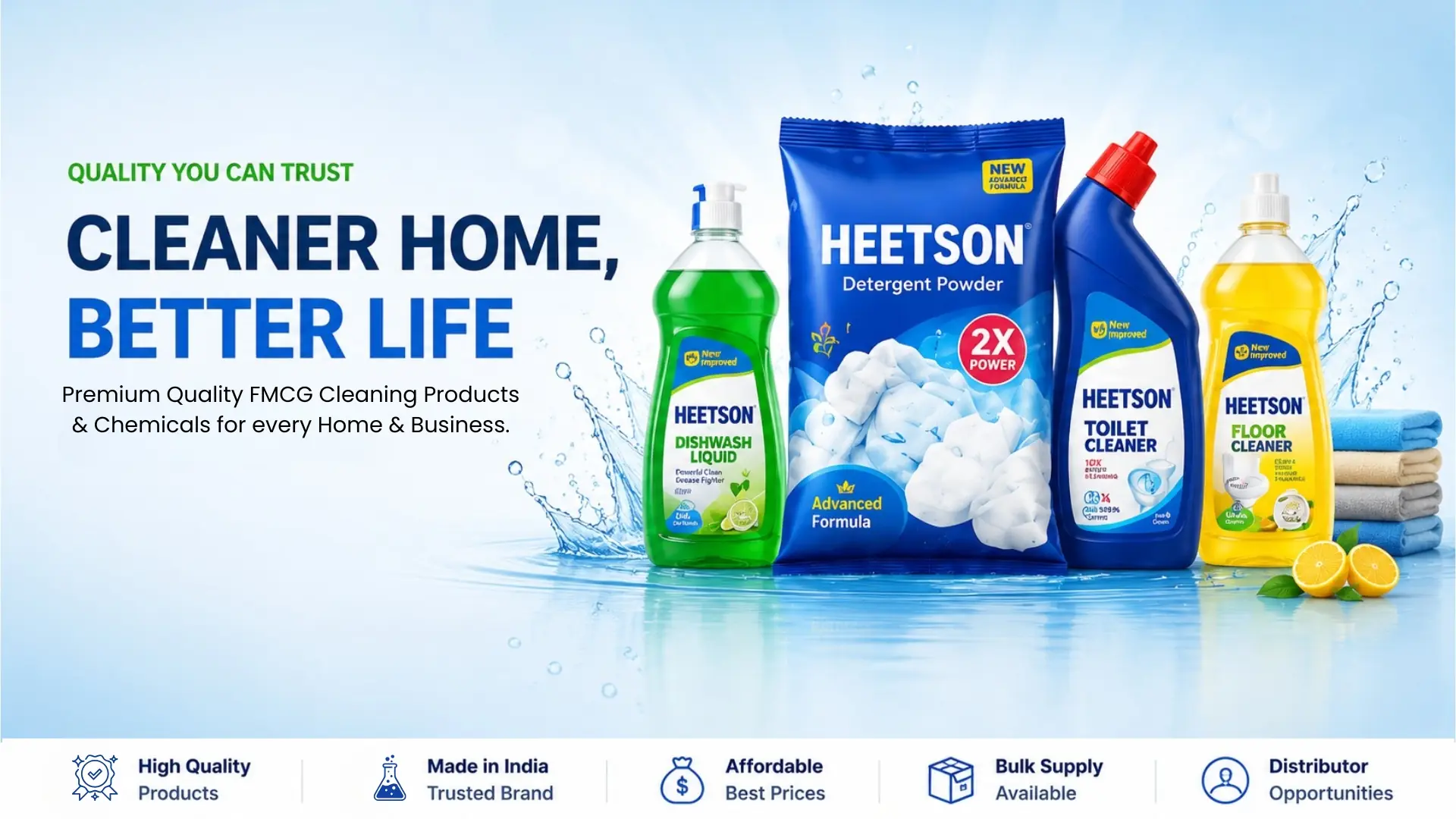 HEETSON Cleaning Products - Premium Home Care HEETSON cleaning products banner featuring detergent powder, toilet cleaner, floor cleaner and dishwash liquid
