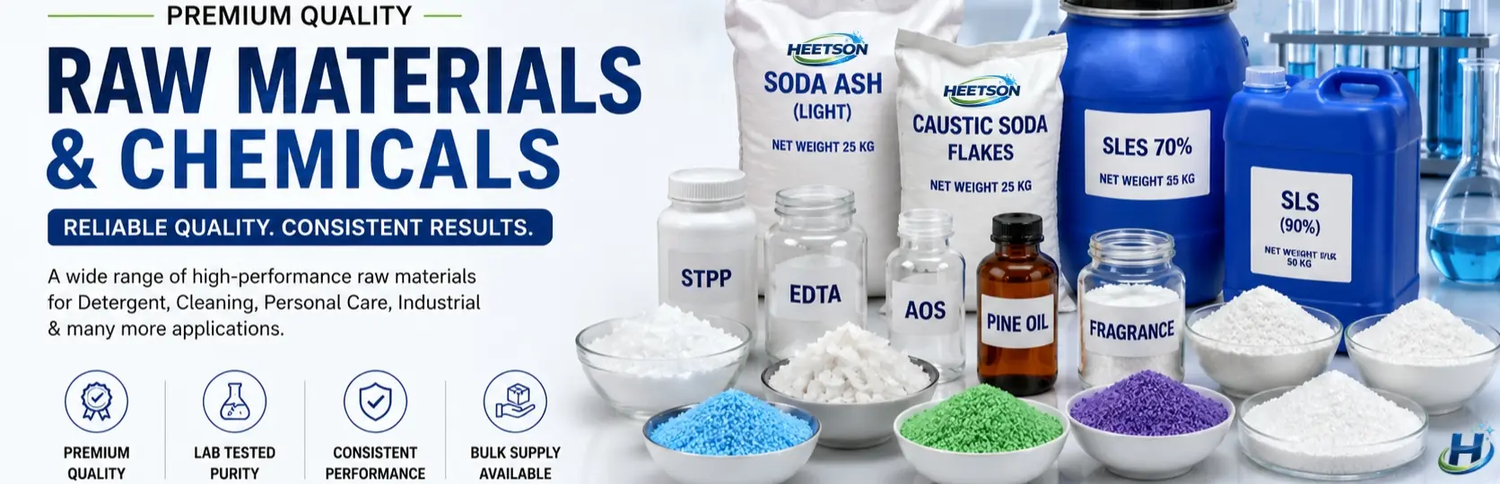HEETSON Raw Materials & Chemicals for Detergent, Cleaning & Industrial Solutions HEETSON raw materials and chemicals banner featuring detergent manufacturing ingredients, cleaning chemicals, industrial raw materials, SLES, Soda Ash, STPP, EDTA, Pine Oil, and detergent formulation supplies.