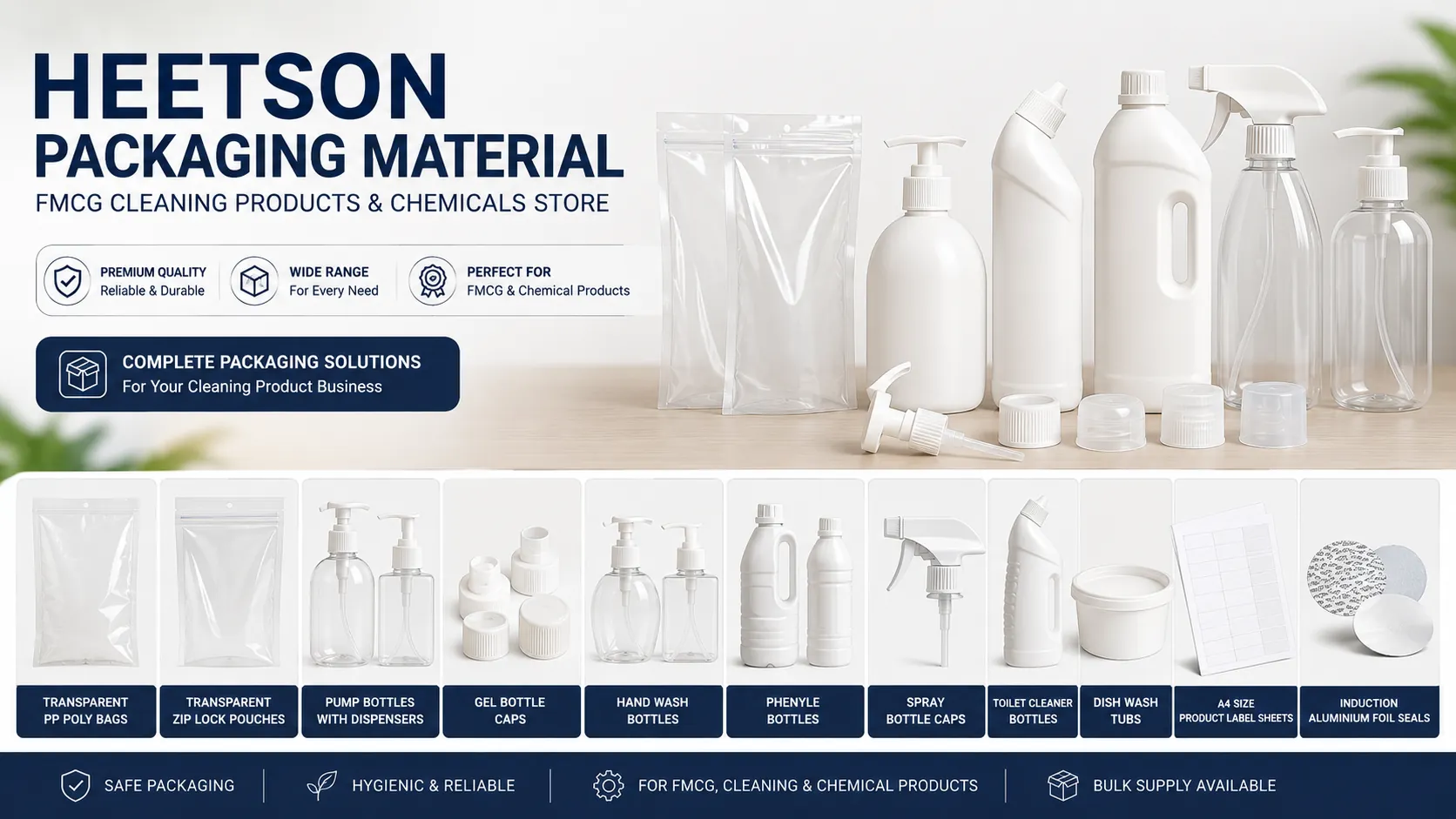 Packaging Materials for FMCG Cleaning Products & Chemicals HEETSON packaging materials including transparent PP poly bags, zip lock pouches, pump bottles, spray caps, toilet cleaner bottles, dish wash tubs, induction foil seals and product label sheets for FMCG cleaning products and chemicals.