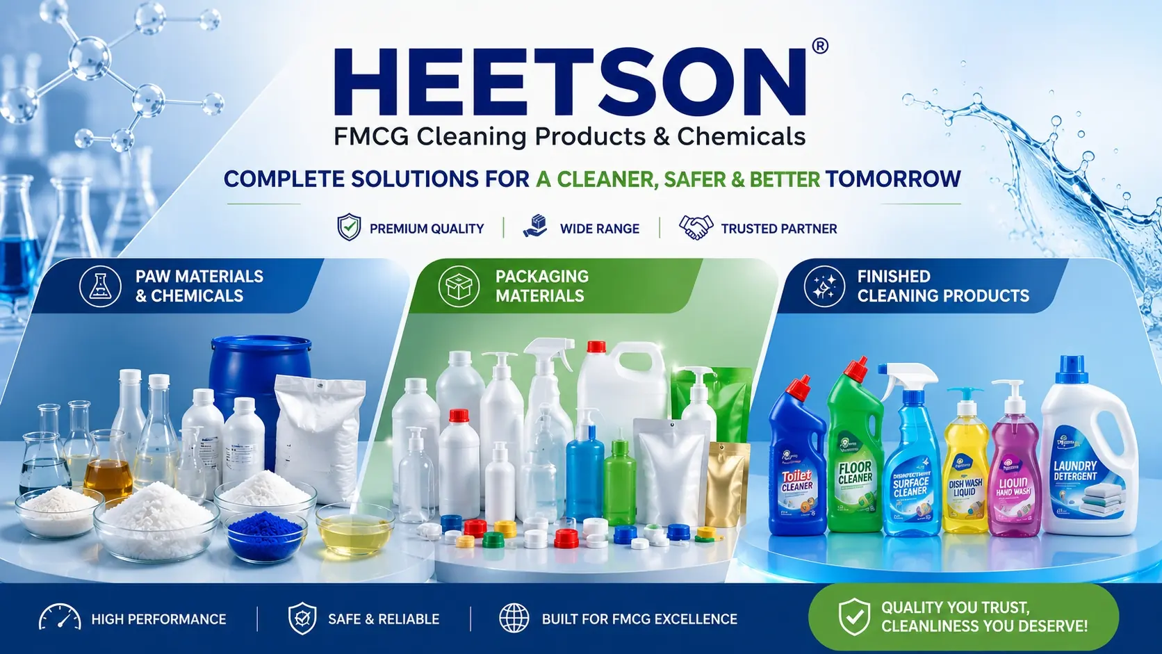 HEETSON FMCG Cleaning Products, Chemicals, Raw Materials & Packaging Materials HEETSON FMCG Cleaning Products & Chemicals banner featuring raw materials, industrial chemicals, packaging materials, detergent bottles, floor cleaners, toilet cleaners, liquid hand wash and laundry products.