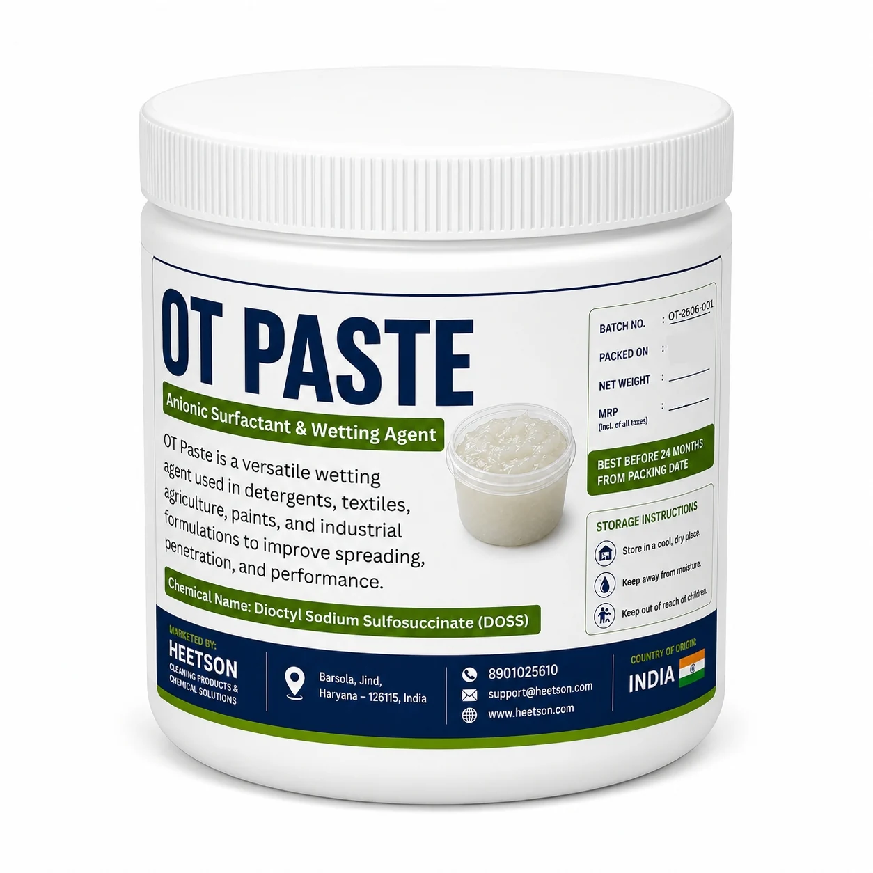 OT Paste OR Dioctyl Sodium Sulfosuccinate (DOSS) Anionic Surfactant & Wetting Agent in white plastic jar packaging used for detergents, textiles, paints, agriculture and industrial formulations.