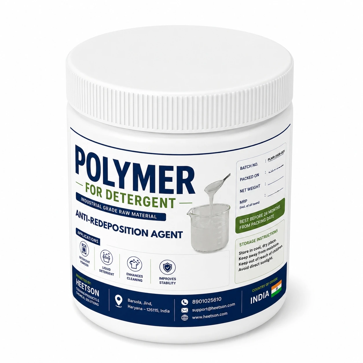 Polymer for detergent powder and liquid detergent, anti-redeposition agent chemical for improved cleaning performance, and stain suspension by Heetson.