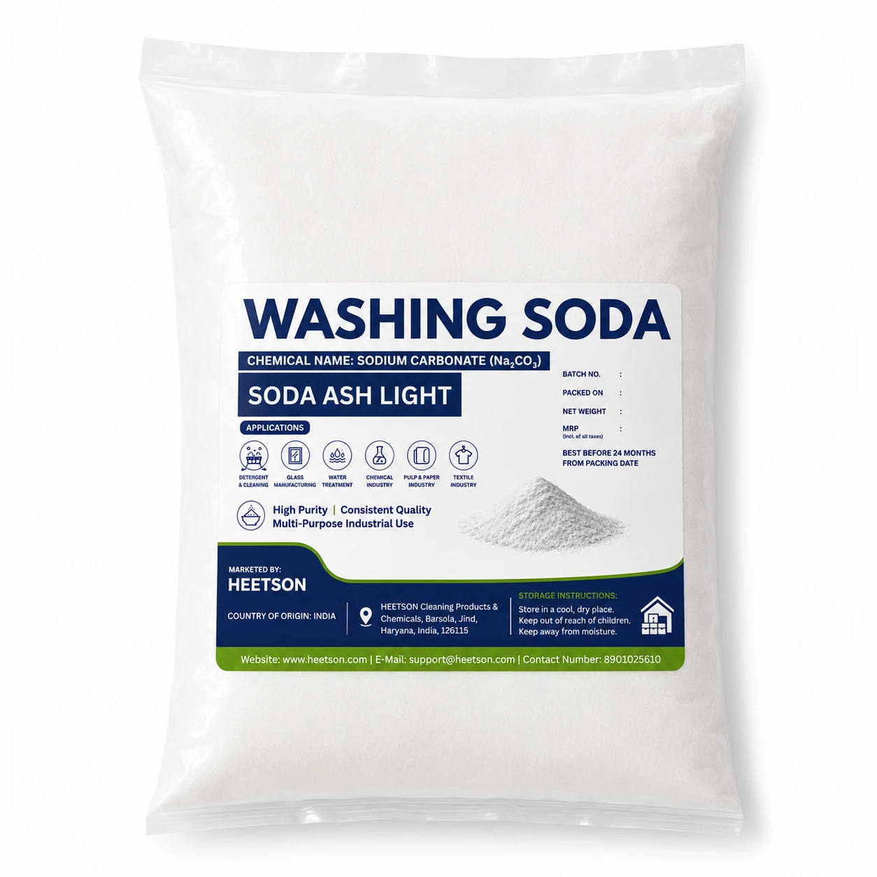 HEETSON Washing Soda (Soda Ash Light) Sodium Carbonate Na₂CO₃ Industrial Grade White Powder Pack for Detergent Manufacturing, Cleaning Products and Industrial Applications.